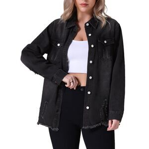 Oversized Frayed Hem Long Sleeve Button Down Jean Jacket Black